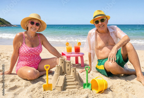 A couple of adults over 70 in beachwear pose while sitting on the sand next to a sandcastle, with waves and a clear sky in the background.
