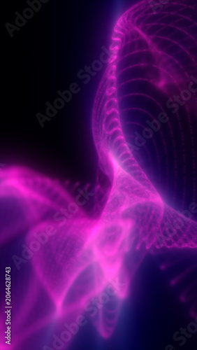 Magenta glowing organic wireframe structure with translucent curves, biomorphic mesh forms, and futuristic digital energy.