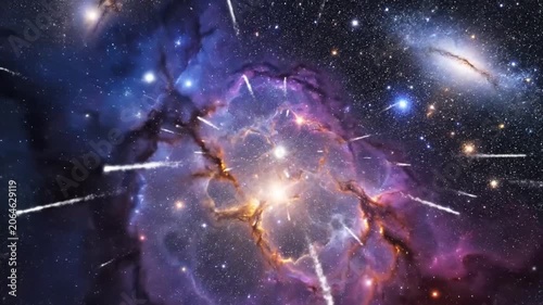 Colorful cosmic nebula with bright stars and distant galaxies
