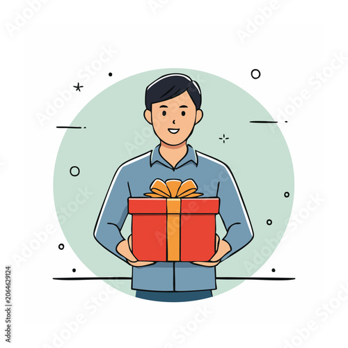 Man holding red gift box with bow in flat design