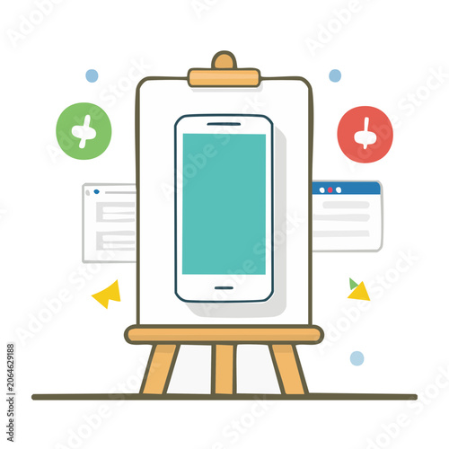 Smartphone on Easel with UI Elements Flat Illustration