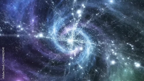 Colorful spiral galaxy with bright center and nebulae in deep space