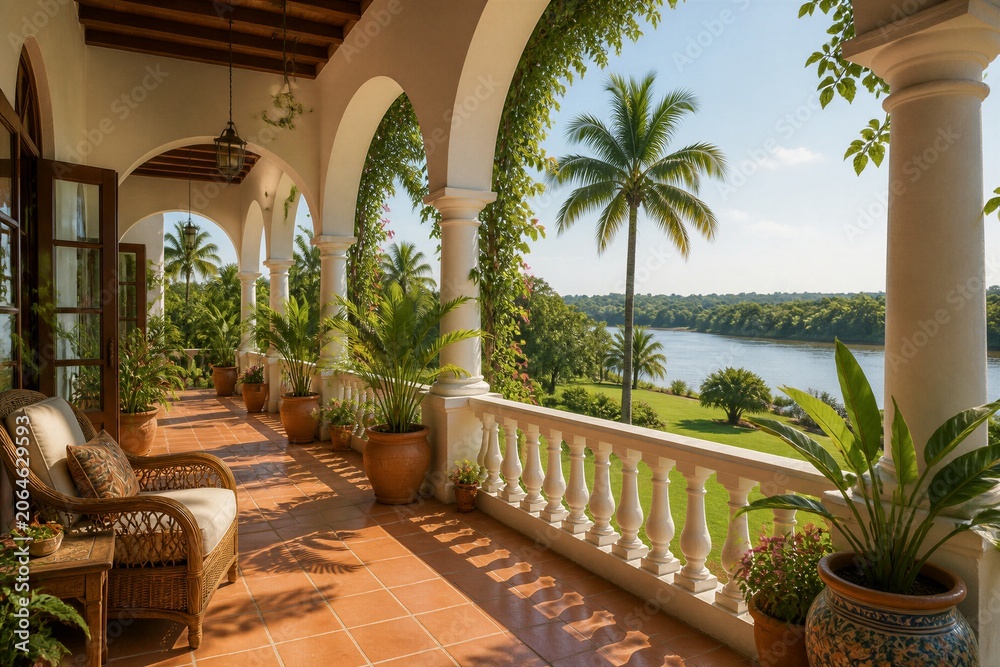 Obraz premium Colonial veranda overlooking tropical river and palm landscape