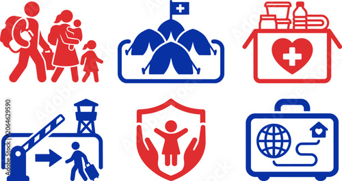 Set of humanitarian aid and refugee icons, including displaced families, emergency shelter, food supplies, border crossing, child protection, and global migration travel, vector illustration