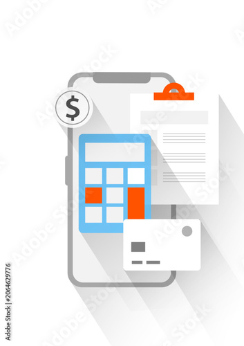 Phone with graphs of web traffic growth and financial indicators. Flat design illustration for corporate presentations and marketing materials.