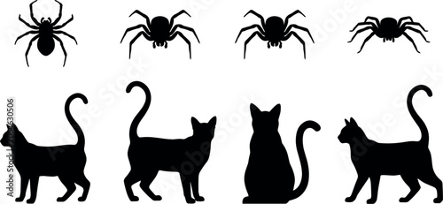 Foto Black cat and spider silhouette collection, isolated vector set featuring pet an