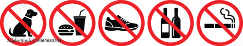 Set of five prohibition signs showing no dogs food shoes alcohol and smoking
