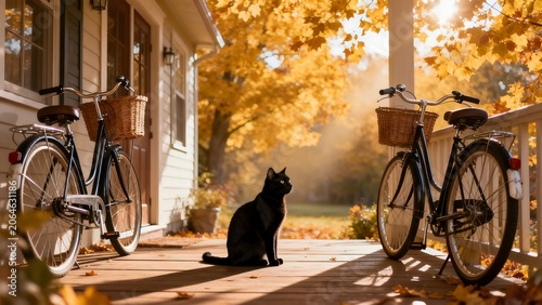 Black cat on porch with bicycles