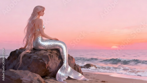 Mermaid sitting on rock by ocean