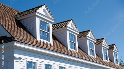 close up of house roof with three dormer windows and cedar shingles representing residential architecture and home design