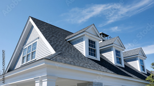 cedar shingle roof with white dormer windows against blue sky representing classic residential architecture and home exterior