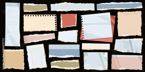 Torn paper pieces collection vector illustration with irregular edges and varied colors