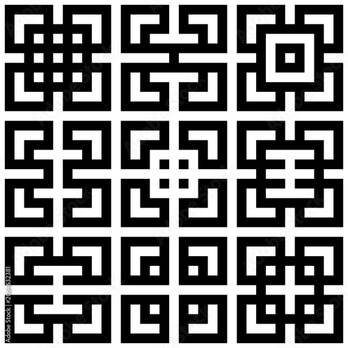 Seamless Chinese window tracery pattern. Repeated stylized black squares on white background. Symmetric geometric abstract wallpaper. Trellis motif. Digital paper, textile print. Vector illustration