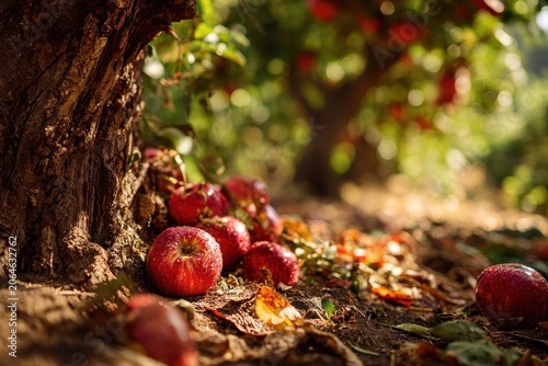 Abundant windfall fruit beneath a mature tree in an orderly orchard during golden hour