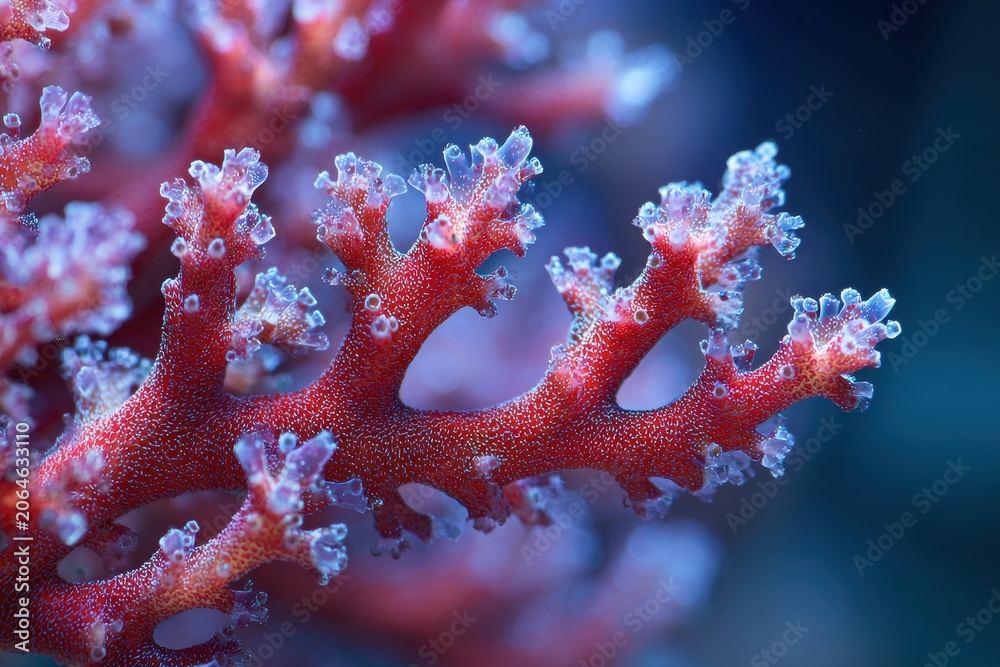 Obraz premium Detailed macro photograph of red Acropora coral with branching skeleton and tiny polyps