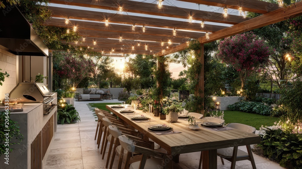 Fototapeta premium Cozy patio dining under a pergola with barbecue, ambient lighting and greenery