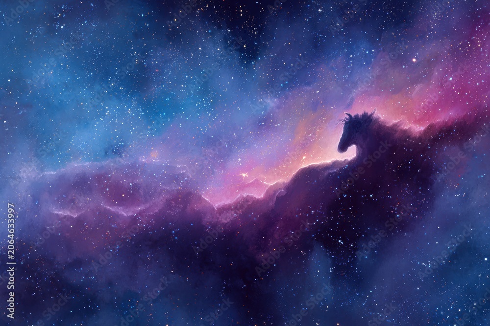 Fototapeta premium Digital illustration of a horse-head nebula amid a starry cosmos with glowing gas and dust