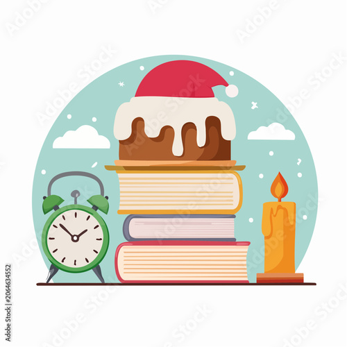 Christmas Cake on Books with Alarm Clock and Candle