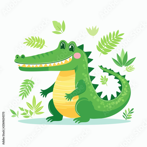 Cute Cartoon Alligator Smiling Surrounded by Green Leaves