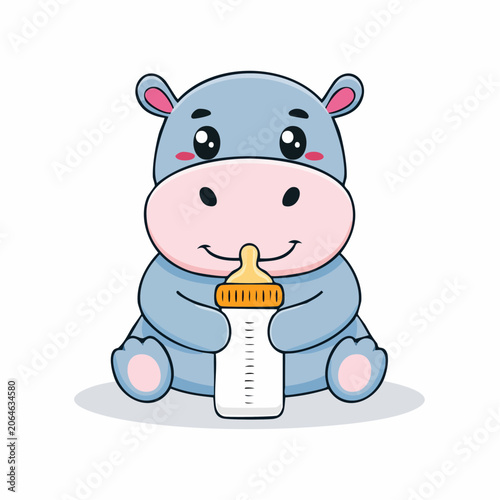 Cute cartoon baby hippo holding a milk bottle