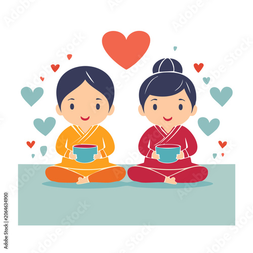 Two cartoon characters in kimono holding bowls with hearts