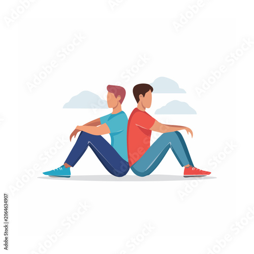 Two men sitting back to back in flat vector style