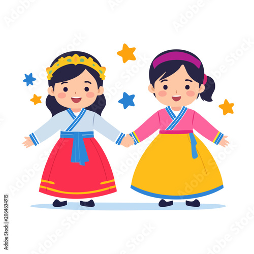 Two Girls in Traditional Hanbok Dresses Holding Hands