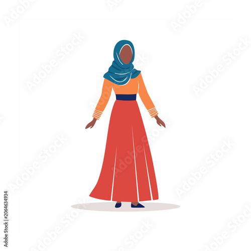 Woman in red skirt, orange top, and blue hijab, flat design