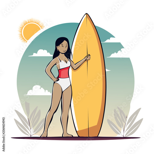 Woman holding surfboard on beach illustration