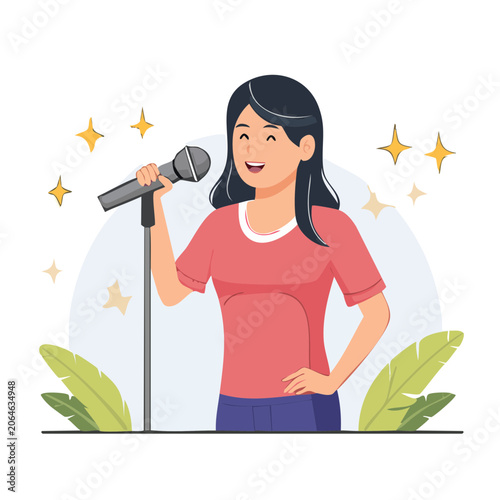Woman singing into microphone with decorative elements