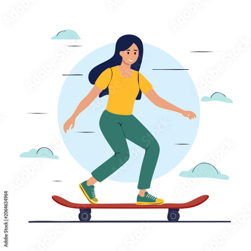 Woman skateboarding in flat vector style