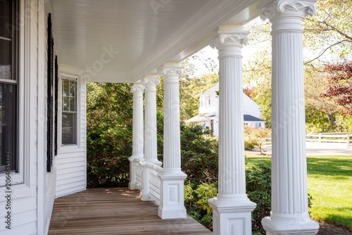 Colonial white porch with wood-grain vinyl columns and vented soffit