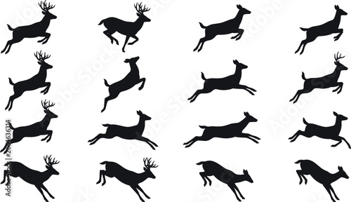 Collection of Jumping Deer and Stag Silhouettes with Antlers in Action Poses for Hunting Club Logos Nature Graphics and Wildlife Conservation Art Projects