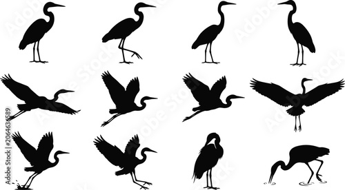 Tableau sur toile Heron and Crane Silhouette Icon Set featuring Wading Birds in Various Poses like