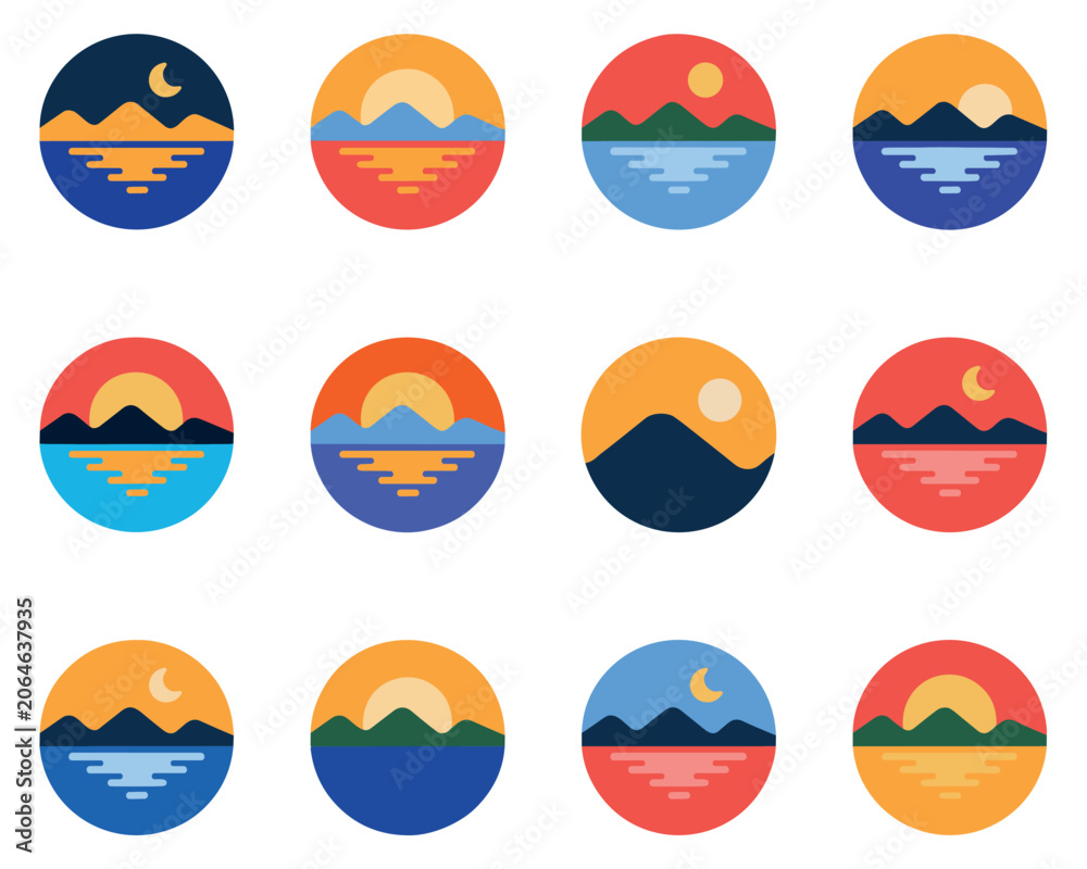 Fototapeta premium Set of twelve circular mountain landscape with sun, moon, and water reflections