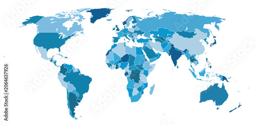 World map on white background.. Highly detailed map of the world with detailed borders of all countries in blue colors