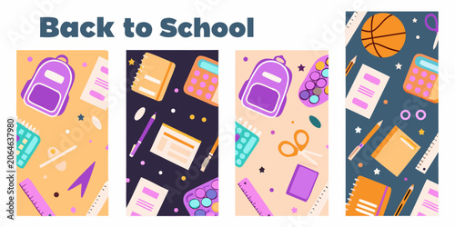 Фотография School supplies pattern with backpack notebook and calculator flat vector illust