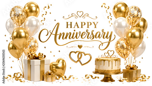 Happy Anniversary elegant celebration banner, golden balloons and white gift boxes on white background, luxury party greeting card with cake