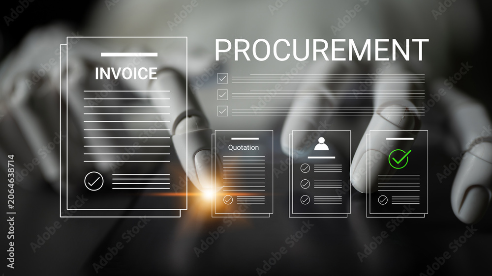Obraz premium Digital transformation in procurement illustrated with robotic hand processing invoices and quotations, symbolizing innovation and efficiency in business operations. Cyphers
