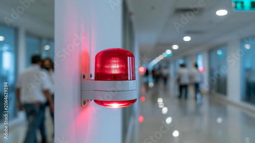 close up of red emergency alarm light mounted on wall representing fire safety and building security system
