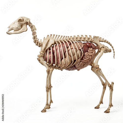 Side view anatomical illustration of sheep skeleton with internal organs and digestive system shown.