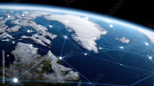 arctic satellite mapping, satellites create glowing lines on maps, showing the arctic shipping routes, visualizing global logistics with futuristic realism