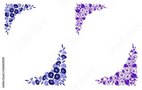 Isolated frame with a corner pattern of morning glory and bindweed flowers in blue and purple on a white background. Vector illustration.