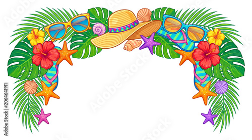 Tropical summer beach vacation accessories arch, transparent background