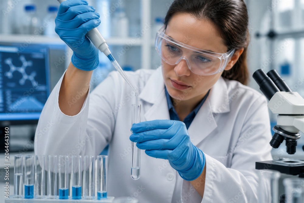 Fototapeta premium Female scientist pipetting liquid into test tube in laboratory
