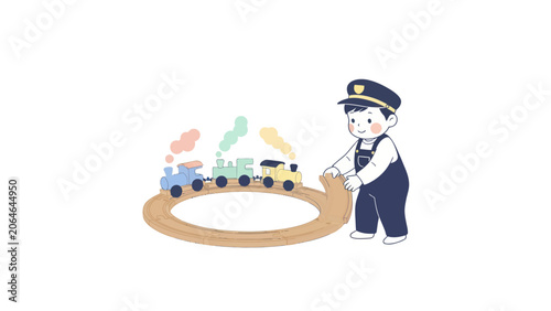 Cute cartoon boy playing with a colorful toy train set.
