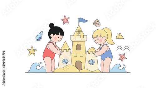 Tableau sur toile Children building a sandcastle on the beach during summer vacation