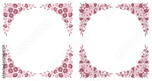 Isolated frames with a circular pattern of morning glory and bindweed flowers in brown, beige, and pink on a white background. Vector illustration.