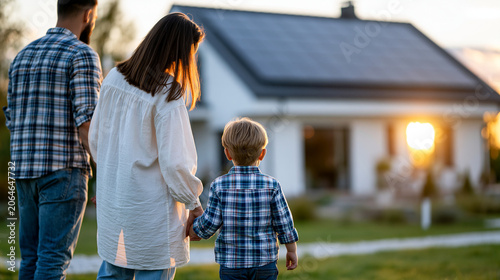 Anonymous family standing in front of a house with solar panels at sunset  sustainable living and renewable energy concept  faceless  defocused  with copy space