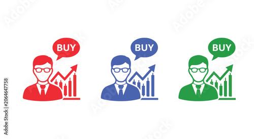 Three businessmen in red, blue, and green with buy speech bubbles and growing graphs